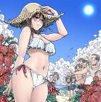  4girls 6+boys arm_behind_back bikini black_hair clouds cowboy_shot earrings flower flying_sweatdrops glasses hat jewelry multiple_boys multiple_girls navel original pao_(otomogohan) short_hair side-tie_bikini sky solo_focus straw_hat sun swimsuit white_bikini white_swimsuit 