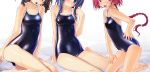  3girls blue_eyes blue_hair blush braid brown_hair competition_school_swimsuit head_out_of_frame highres long_hair multiple_girls one-piece_swimsuit open_mouth pink_hair sakuya_tsuitachi school_swimsuit shiny shiny_clothes short_hair smile sukumizu_tabehoudai swimsuit 