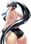  1girl alternate_costume arm_at_side ass black_hair breasts competition_swimsuit from_behind gloves hair_between_eyes hand_on_hip highres kantai_collection large_breasts light_smile long_hair looking_at_viewer looking_back one-piece_swimsuit payot ponytail smile solo swimsuit very_long_hair wamwam white_gloves yahagi_(kantai_collection) 
