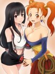 2girls asymmetrical_docking bare_shoulders black_hair blush breast_press breasts brown_eyes cleavage corset dragon_quest dragon_quest_viii earrings elbow_gloves final_fantasy final_fantasy_vii fingerless_gloves gloves hands_together highres jessica_albert jewelry large_breasts long_hair looking_at_viewer low-tied_long_hair mameshiba midriff multiple_girls navel open_mouth pencil_skirt red_eyes redhead skirt smile suspenders tifa_lockhart twintails 