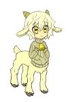  1girl bell blonde_hair capri_(mark_folks) centauroid cow_bell flat_chest full_body goat_ears goat_girl goat_horns goat_tail hands_on_own_chest highres hooves mark_folks monster_girl multiple_legs original simple_background slit_pupils solo sweater white_background yellow_eyes 