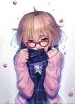  1girl blood blush brown_eyes brown_hair cardigan crying droplet glasses jewelry kuriyama_mirai kyoukai_no_kanata raijuu_(bakanara) red-framed_glasses ring scarf school_uniform short_hair sleeves_past_wrists solo tears 