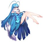  1girl antenna_hair bare_legs barefoot blue blue_eyes breasts cleavage japanese_clothes katagiri_hachigou legs long_hair looking_at_viewer payot personification pokemon simple_background sleeves_past_wrists smile solo swablu very_long_hair white_background 