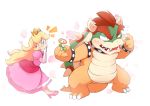  1boy 1girl blonde_hair blue_eyes blush bowser brown_hair collar covering_mouth crown dress earrings elbow_gloves fangs fire_flower flower gloves hand_over_own_mouth high_heels horns jewelry long_hair super_mario_bros. petals pink_dress pink_gloves pink_shoes princess_peach sharp_teeth shoes simple_background spiked_collar spikes super_mario_bros. tail ukan_muri white_background 