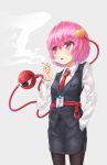  cigarette formal fuente hand_in_pocket highres id_card komeiji_satori necktie office_lady pantyhose pencil_skirt purple_hair shirt short_hair skirt smoking suit third_eye touhou violet_eyes 