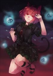  1girl alternate_hair_color animal_ears cat_ears cat_tail hitodama kaenbyou_rin kaenbyou_rin_(cosplay) kemonomimi_mode ken_(coffee_michikusa) red_eyes redhead shameimaru_aya short_hair short_sleeves skirt solo tail touhou 