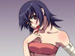  1girl :p bakemonogatari bandaged_arm bare_shoulders black_hair breasts brown_eyes cleavage collarbone food fruit kanbaru_suruga licking monogatari_(series) pocho solo strapless strawberry tongue tongue_out tubetop upper_body 