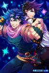  back-to-back belt blue_hair brown_hair clenched_hand dual_persona fingerless_gloves gloves goggles goggles_on_head green_eyes grin jojo_no_kimyou_na_bouken joseph_joestar_(young) moru necktie one_eye_closed pointing pointing_at_viewer scarf smile sparkle suspenders 