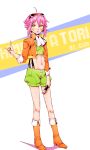  1boy \m/ absurdres ahoge androgynous blush boots character_name cosplay cravat driedmango ensemble_stars! green_eyes gumi gumi_(cosplay) highres himemiya_touri jacket male_focus microphone midriff navel payot pink_hair short_hair short_shorts shorts sunglasses sunglasses_on_head suspenders vocaloid 