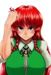  1girl bangs blue_eyes blunt_bangs braid breasts chinese_clothes close-up hong_meiling large_breasts littlefinger1988 long_hair looking_at_viewer no_hat puffy_sleeves redhead revision scar scar_on_cheek sleeves_rolled_up tangzhuang touhou twin_braids 