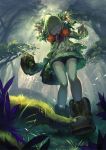  1girl :o ahoge boots dress flower forest from_below grass green_eyes green_hair hair_flower hair_ornament highres looking_at_viewer looking_down million_arthur_(series) nature original pointy_ears rose shiakoto shorts solo thigh-highs tree 