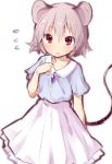  1girl :o akagashi_hagane animal_ears arm_behind_back blush buttons diamond_(shape) flying_sweatdrops frilled_skirt frills grey_hair long_skirt mouse_ears mouse_tail nazrin open_mouth red_eyes short_hair short_sleeves simple_background skirt solo tail touhou white_background white_skirt 