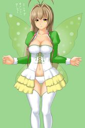  1girl amagi_brilliant_park antenna_hair brown_eyes brown_hair cosplay fairy_wings finalcake highres koborii_(amaburi) koborii_(amaburi)_(cosplay) long_hair panties sento_isuzu thigh-highs underwear wings 