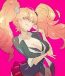 1girl :q blonde_hair blue_eyes breast_hold breasts cleavage dangan_ronpa dangan_ronpa_1 enoshima_junko hair_ornament long_hair looking_at_viewer pink_background simple_background smile solo tongue tongue_out upper_body zuizi 