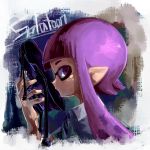  1girl ayakashi_(monkeypanch) copyright_name domino_mask gas_mask highres holding inkling long_hair mask pointy_ears profile purple_hair solo splatoon tentacle_hair upper_body violet_eyes 