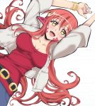  1girl :d bangle bracelet breasts breasts_apart collarbone eyecatch fangs hair_ornament hairclip highres jewelry lamia long_hair miia_(monster_musume) monster_girl monster_musume_no_iru_nichijou open_mouth pointy_ears redhead scales simple_background slit_pupils smile solo very_long_hair white_background yellow_eyes 