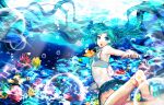  barefoot blue_hair bubble coral crop_top fish foreshortening freediving from_behind hatsune_miku highres long_hair looking_back microskirt miturousoku panties pleated_skirt shiny skirt swimming twintails underwater underwear very_long_hair vocaloid 
