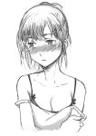  1girl :o bare_shoulders blush breasts cleavage collarbone cuvie full-face_blush greyscale looking_away monochrome original parted_lips short_hair solo strap_slip tears upper_body 
