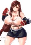  1girl bare_shoulders breasts brown_hair cleavage eyebrows eyelashes female final_fantasy final_fantasy_vii fingerless_gloves gloves huge_breasts large_breasts long_hair looking_at_viewer musashino_sekai navel pencil_skirt red_eyes simple_background skirt smile solo suspenders thighs tifa_lockhart very_long_hair white_background 