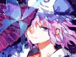  1girl butterfly covering_one_eye drawr face fan frilled_collar half-closed_eye japanese_clothes kimono light_particles light_smile mob_cap neck pink_hair saigyouji_yuyuko smile solo starshadowmagician touhou triangular_headpiece violet_eyes wind 