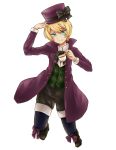  alois_trancy blonde blue_eyes bow buttons closed_mouth cup floating full_body hand_on_head hat high_resolution holding_object kuroshitsuji light_background long_sleeves looking_away looking_to_side male midair pixiv_id_5510929 short_hair shorts simple_background smile solo tea teacup white_background 