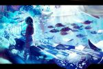  1girl air_bubble chair commentary dark fish indoors jellyfish letterboxed light light_rays movie_theater no_eyes original scarf short_twintails solo spencer_sais stingray surreal twintails underwater 