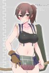  1girl adapted_costume artist_name blush bow_(weapon) breasts brown_eyes brown_hair character_name cleavage collarbone cowboy_shot dated highres kaga_(kantai_collection) kantai_collection microskirt muneate navel side_ponytail single_glove skirt solo suiheisen weapon 
