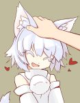  1girl animal_ears bare_shoulders begonia closed_eyes detached_sleeves fang grey_background hands happy heart inubashiri_momiji open_mouth petting pom_pom_(clothes) ribbon-trimmed_sleeves ribbon_trim silver_hair simple_background solo tail touhou wolf_ears wolf_tail 