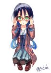  adjusting_glasses bespectacled blue_hair glasses green_eyes highres kantai_collection looking_at_viewer low_twintails school_uniform suzukaze_(kantai_collection) tagme twintails 