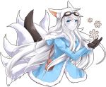  animal_ears blue_eyes fox_ears gloves goggles grey_hair long_hair smile snow tail urusai-baka 