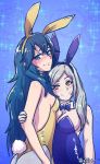  2girls akairiot animal_ears ass bare_shoulders black_hair blue_eyes blue_hair blush bowtie breasts bunny_girl bunny_tail bunnysuit cleavage curvaceous detached_collar embarrassed fake_animal_ears fire_emblem fire_emblem:_kakusei fishnet_pantyhose fishnets grey_hair hairband height_difference hug large_breasts leotard long_hair lucina multiple_girls my_unit nintendo orange_eyes pantyhose rabbit_ears sideboob silver_hair small_breasts smile sparkle tail twintails waist_hug white_hair wrist_cuffs 