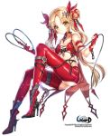  1girl blonde_hair collar copyright_name double_bun gloves green_eyes hair_ornament high_heels interitio long_hair pants red_gloves small_breasts solo spiked_armlet spiked_collar spikes transparent_background unleashed very_long_hair whip 