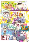  +_+ 2girls animal aori_(splatoon) black_hair blush box breasts cardboard_box cleavage clownfish detached_collar domino_mask earrings english fangs fish food food_on_head gloves green_legwear hand_on_hip highres hotaru_(splatoon) index_finger_raised jewelry kumichou long_hair mask mole mole_under_eye multiple_girls object_on_head open_mouth pantyhose purple_legwear splatoon symbol-shaped_pupils tentacle_hair unitard white_gloves white_hair 