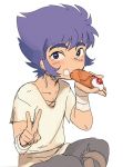  1boy blue_eyes blue_hair cancer_deathmask cannoli cream_on_face crossed_legs eating food food_on_face looking_at_viewer nemu_(nora) saint_seiya sitting v younger 