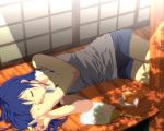  1girl bare_shoulders blue_hair closed_eyes dappled_sunlight drink fan himemu long_hair love_live!_school_idol_project lying on_side parted_lips shade shorts sleeping solo sonoda_umi 