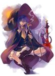  1girl :o belt boots cat collarbone green_eyes hat highres hookah long_hair looking_at_viewer original purple_hair simple_background sitting smoke smoking solo usatsuka_eiji white_background witch witch_hat 