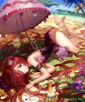  1girl 77gl absurdly_long_hair ankle_lace-up ankle_ribbon anna_(granblue_fantasy) arm_garter barefoot beach blush candle cat_hair_ornament cross-laced_footwear cup granblue_fantasy hair_ornament hair_over_one_eye long_hair looking_at_viewer lying on_side one-piece_swimsuit palm_tree redhead small_breasts solo stuffed_animal stuffed_cat stuffed_toy swimsuit tree umbrella very_long_hair 