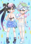  +_+ 2girls :d aori_(splatoon) bikini black_boots black_hair boots breasts cleavage domino_mask earrings fang flower_earrings food food_on_head full_body gloves hair_rings hand_on_hip highres holding_hands hotaru_(splatoon) izumitanu jewelry kneepits long_hair mask mole mole_under_eye multiple_girls object_on_head open_mouth pointy_ears short_hair side-tie_bikini silver_hair smile splatoon standing sushi swimsuit symbol-shaped_pupils tentacle_hair white_bikini white_boots white_gloves white_swimsuit yellow_eyes 
