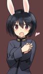  1girl :o animal_ears black_hair hands_clasped heart long_sleeves looking_at_viewer lowres military military_uniform open_mouth purple_background rabbit_ears red_eyes shimada_fumikane shimohara_sadako short_hair simple_background solo strike_witches uniform upper_body 