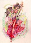  1girl absurdres anklet barefoot bikini_top bracelet colored_pencil_(medium) curly_hair dancer dancing earrings fantasy gypsy highres instrument jewelry long_hair long_skirt midriff navel necklace original skirt smile tambourine traditional_clothes traditional_media 