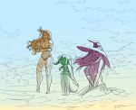  3girls amazon_(dragon&#039;s_crown) beach bikini dragon&#039;s_crown elf_(dragon&#039;s_crown) hat long_hair matsu-sensei multiple_girls ocean one-piece_swimsuit pointy_ears sling_bikini sorceress_(dragon&#039;s_crown) swimsuit water witch_hat 