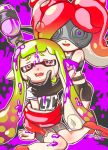  2girls :d belt bike_shorts black_gloves breastplate cheek_squash crying domino_mask gloves goggles green_hair gun_to_head hand_on_another&#039;s_cheek hand_on_another&#039;s_face inkling kabyu long_hair mask multiple_girls open_mouth paint pointy_ears red_eyes red_shoes shoes sitting smile splatoon streaming_tears super_soaker takozonesu tears tentacle_hair violet_eyes 