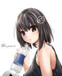  1girl arms_at_sides bare_shoulders black_hair bottle breasts brown_eyes dripping from_side fuyu_mi haguro_(kantai_collection) hair_between_eyes hair_ornament kantai_collection looking_at_viewer saliva saliva_trail short_hair sitting solo sweat sweating water_bottle wet 