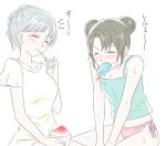  2girls ^_^ alternate_hairstyle bare_shoulders blush brain_freeze brown_hair closed_eyes double_bun food_in_mouth hair_up kantai_collection long_hair mouth_hold multiple_girls no_pants open_mouth panties pink_panties popsicle shaved_ice shoukaku_(kantai_collection) side-tie_panties silver_hair sweat translation_request udon_(shiratama) underwear zuikaku_(kantai_collection) 