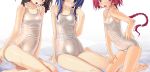  3girls blue_eyes blue_hair blush braid brown_hair competition_school_swimsuit head_out_of_frame highres long_hair multiple_girls one-piece_swimsuit open_mouth pink_hair sakuya_tsuitachi school_swimsuit shiny shiny_clothes short_hair smile sukumizu_tabehoudai swimsuit 