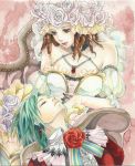  2girls asellus_(saga_frontier) brown_hair closed_eyes curly_hair dress earrings eyelashes flower green_hair hair_flower hair_ornament headdress jewelry lipstick makeup multiple_girls necklace princess_white_rose red_lipstick rose saga saga_frontier slinkyui strapless_dress traditional_media watercolor_(medium) 