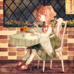  1girl bell blush brick_wall chair checkered eating flower food full_body hair_bell hair_ornament ice_cream long_sleeves looking_at_viewer mary_janes motoori_kosuzu open_mouth orange_hair outdoors pleated_skirt red_eyes shoes sitting skirt socks solo spoon stack_bond sundae table tablecloth touhou twintails vase vest white_legwear wide_sleeves window yujup 