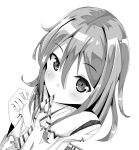  1girl alternate_hairstyle greyscale hair_down highres japanese_clothes kanisaka_shizuku kantai_collection long_hair looking_at_viewer monochrome mouth_hold ribbon_in_mouth solo zuihou_(kantai_collection) 