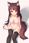  1girl alternate_costume animal_ears bikini black_legwear breasts brown_hair cleavage front-tie_top highres imaizumi_kagerou large_breasts long_hair navel red_eyes shone side-tie_bikini sitting solo swimsuit tail thigh-highs touhou white_background wolf_ears wolf_tail 