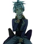  belt bent_knees blue_hair closed_mouth coat green_eyes licking_lips light_background long_hair male open_clothes open_coat pants pixiv_id_9188390 ponytail shirt shiunin_sora simple_background sitting solo tongue white_background yu-gi-oh! yu-gi-oh!_arc-v 